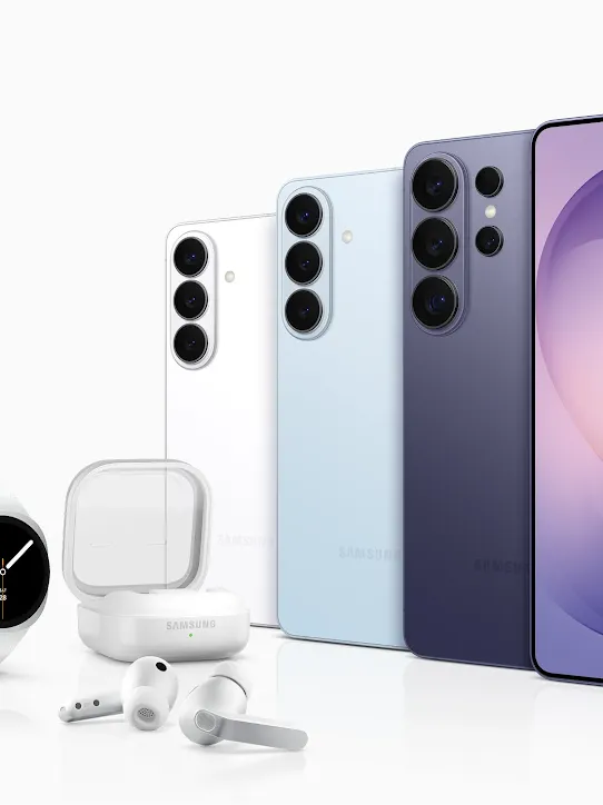 Galaxy S26 Series phones, watches, and earbuds grouped together.