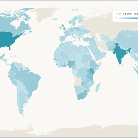 A stylized global choropleth map featuring countries shaded in varying tones of blue and beige, with regions like the United States and India highlighted in dark teal.