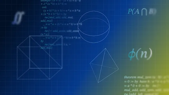An abstract graphic featuring white wireframe geometric shapes—including a cube, sphere, and pyramid—floating against a blue and green gradient background overlaid with mathematical equations and code snippets.