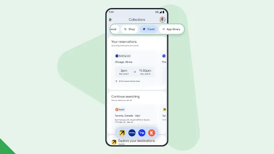 A phone screen displays the new Travel category in Play Store Collections, showing personalized trip details and recommendations for destinations, bookings, and recent searches.