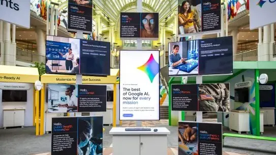 collage of screens at a conference display featuring public sector stories