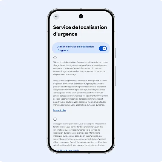 La schermata di uno smartphone che mostra il menu delle impostazioni per il Servizio di localizzazione per emergenze. L'interfaccia mostra un evidente interruttore blu acceso, seguito da un testo informativo che spiega come la funzionalità invia automaticamente i dati sulla posizione del dispositivo ai partner di risposta alle emergenze durante una chiamata o un messaggio di emergenza. I link in basso dicono "Scopri di più" e "Apri Emergenze personali".