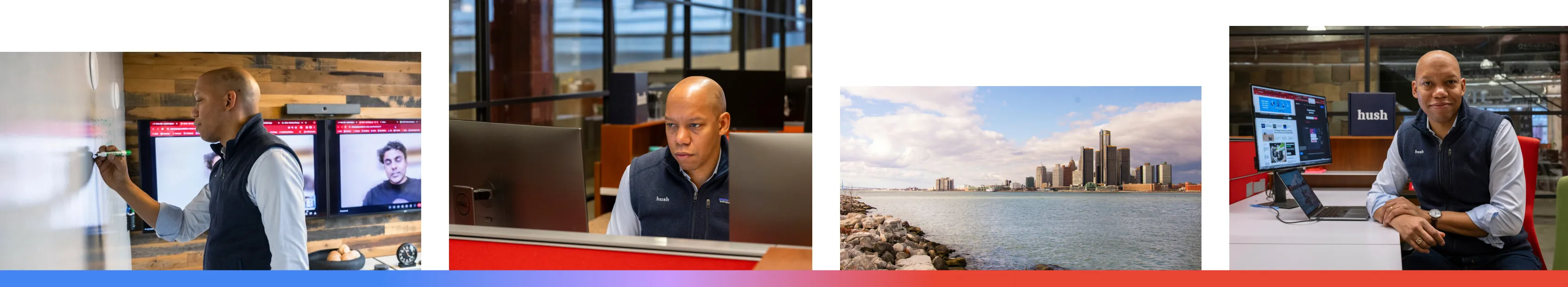 A four-panel panoramic collage showcasing Justin Mast, founder of the Detroit-based bedding company Hush. The images show him collaborating via a video conference while writing on a whiteboard, focused on his work at a computer station, a scenic view of the Detroit, Michigan skyline along the riverfront, and a professional portrait of him at his desk with office monitors.