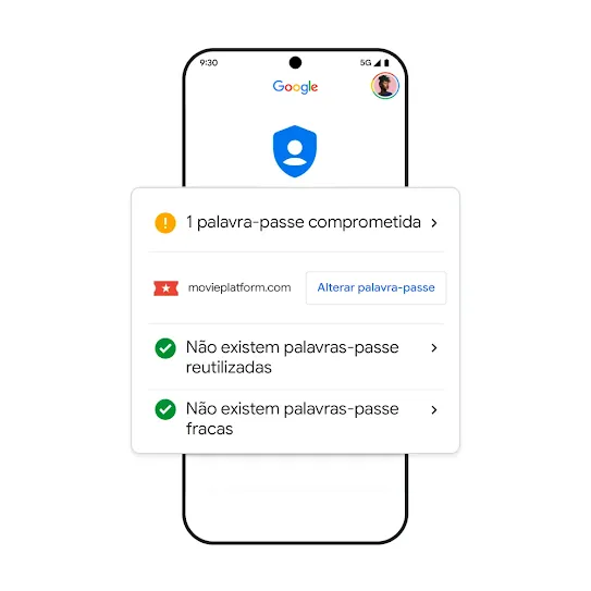 Imagem de um telemóvel Google com resultados de palavras-passe comprometidas.