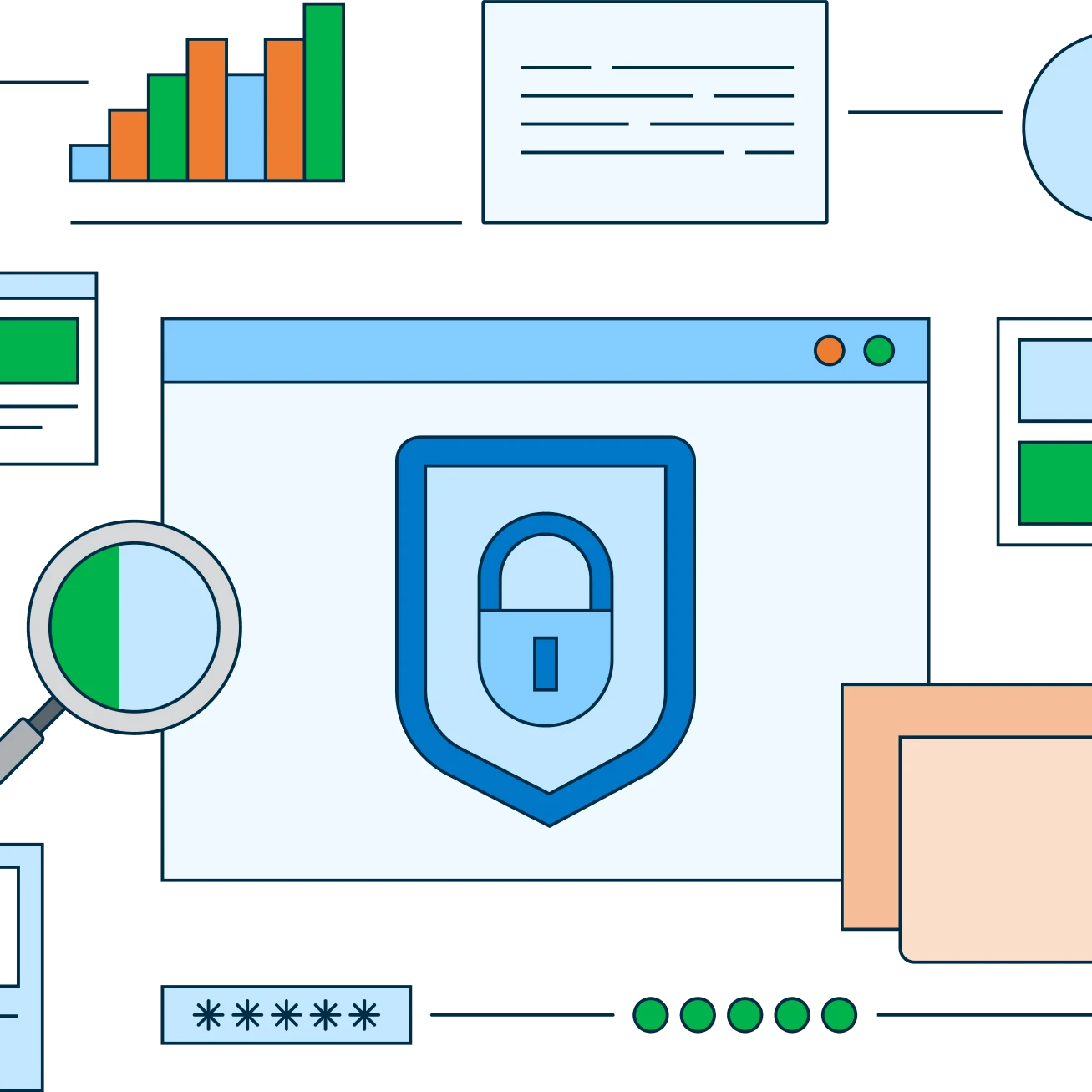 A shield with a padlock icon on a computer screen, surrounded by popup windows with error messages.