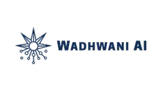Official Wadhwani AI logo featuring a dark blue starburst and node icon alongside bold blue typography on a plain background.