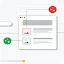 A clean vector illustration of a simplified web browser window on a grid background. Colorful red and green circular nodes with sparkle icons are connected to content sections within the window.