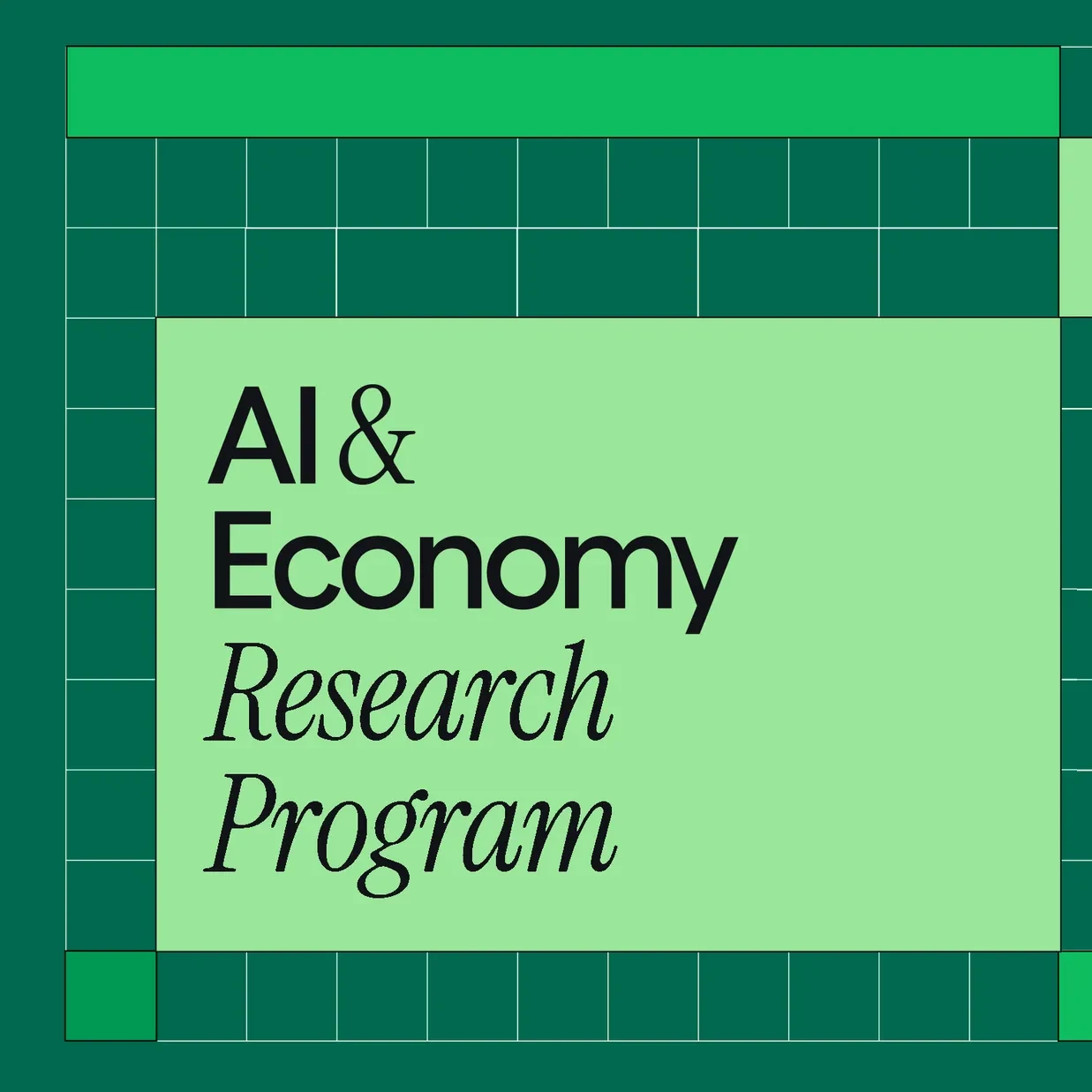 A square green graphic featuring a lighter green box with dark text that reads "AI & Economy Research Program". The light green box is framed on the top, left, and bottom sides by a dark green grid pattern.