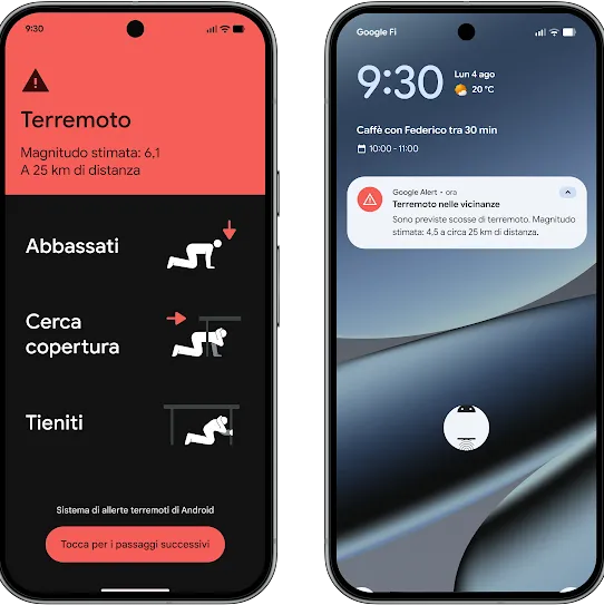 Un confronto fianco a fianco di due schermi di smartphone che mostrano il sistema di allerte terremoti di Android. La schermata a sinistra mostra un avviso di emergenza a schermo intero con un'intestazione rossa che recita "Terremoto: magnitudo stimata 6,1, a 16 miglia di distanza" insieme a icone didattiche per abbassarsi, coprirsi e aggrapparsi. La schermata a destra mostra una schermata di blocco standard con una notifica compatta di Google Alert che recita "Terremoto nelle vicinanze: sono previste scosse".