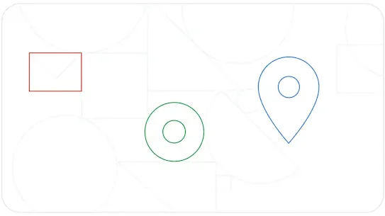 A geometric design with a red envelope icon, a green circle, and a blue map pin icon, with faint abstract shapes in the background