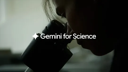 A close-up, silhouetted profile view of a scientist looking directly into the eyepiece of a microscope in a dimly lit laboratory setting. Overlaying the center of the image is the white Google Gemini star logo along with the text "Gemini for Science".