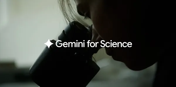 A close-up, silhouetted profile view of a scientist looking directly into the eyepiece of a microscope in a dimly lit laboratory setting. Overlaying the center of the image is the white Google Gemini star logo along with the text "Gemini for Science".