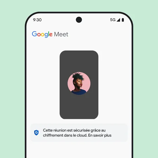 Image d'un écran de smartphone avec Google Meet ouvert, affichant sous la réunion un message qui fournit des informations sur le chiffrement dans le cloud.