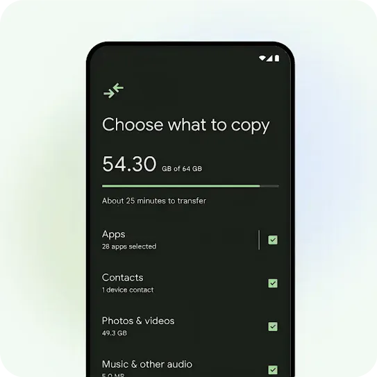 An Android phone screen with the title “Choose what to copy”. There is a progress bar of how much has transferred as well as a checked off list of data to transfer including Apps, Contacts, Photos & videos and Music & other audio,”