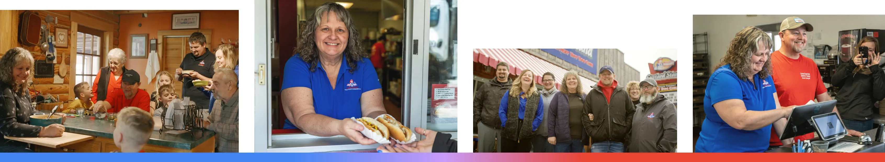 A four-part collage featuring The Custard Stand team and family in West Virginia. It shows a multi-generational family meal in a log cabin, a smiling woman serving chili dogs through a walk-up window, the staff standing proudly outside the restaurant, and owners managing a digital point-of-sale system inside.