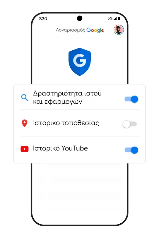 Γραφικό τηλεφώνου που παρουσιάζει την εναλλαγή ρυθμίσεων ιστορικού.