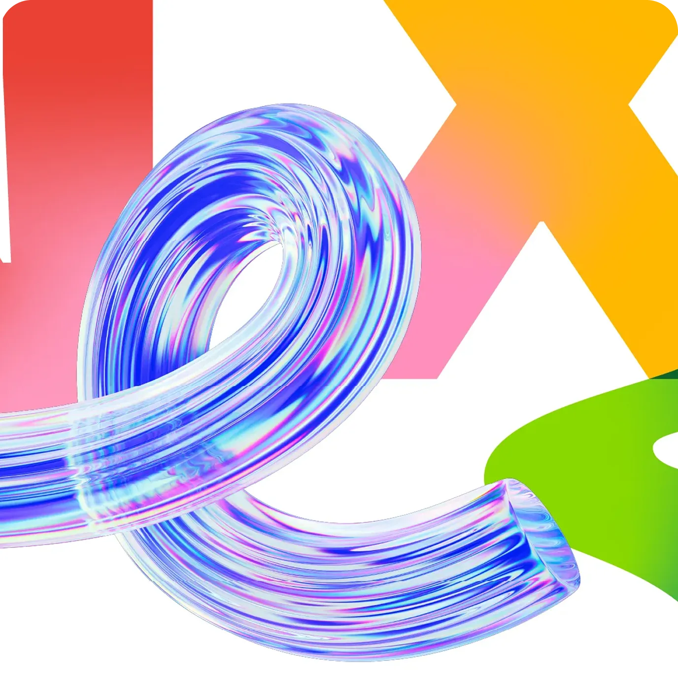 Abstract promotional graphic for Google Cloud Next 2026 featuring a 3D iridescent, glass-like swirling ribbon in the center. In the background are large, colorful geometric shapes including a red 'N', a yellow 'X', and a green organic star shape, all set against a white background.