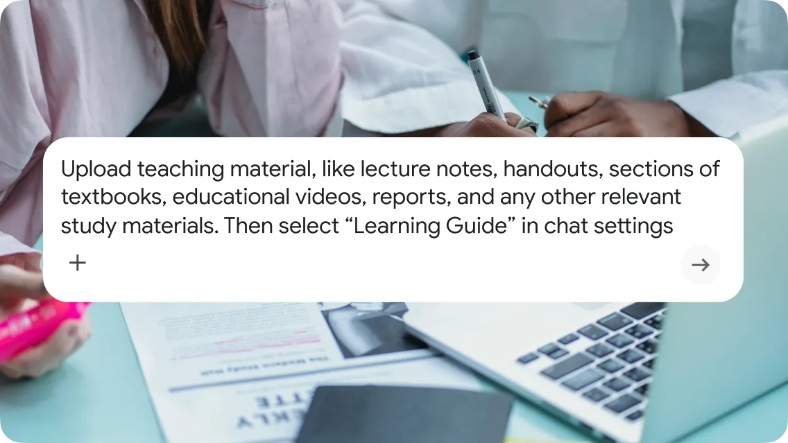 A student working at a desk with a laptop and study notes, with a text bubble overlay explaining how to upload teaching materials and select "Learning Guide" in chat settings.