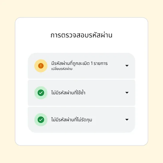 อินเทอร์เฟซสำหรับการตรวจสอบรหัสผ่านที่แสดงผลลัพธ์ซึ่งรวมถึง "รหัสผ่าน 1 รายการถูกละเมิด" และคำแนะนำให้เปลี่ยนรหัสผ่านดังกล่าว