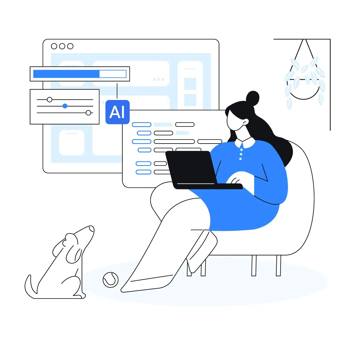 An illustration of a woman relaxing in a chair while working on a laptop, surrounded by floating digital interfaces, code snippets, and an "AI" icon.
