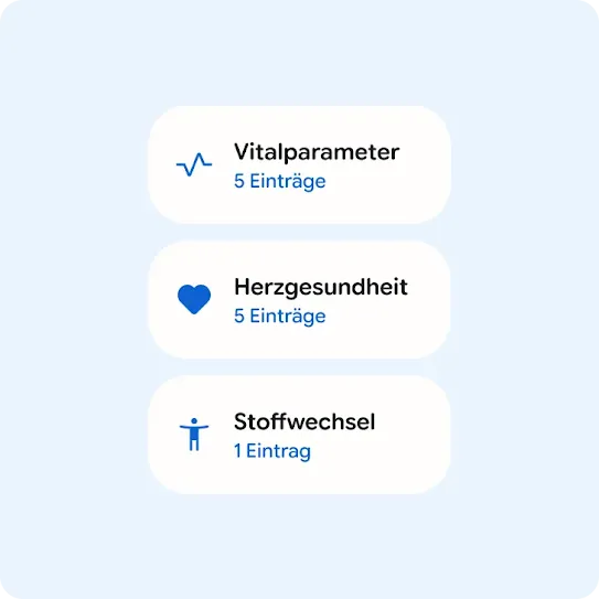 Vitalparameter, 5 Einträge. Herzgesundheit, 5-mal getrackt, Stoffwechsel, 1 Eintrag.