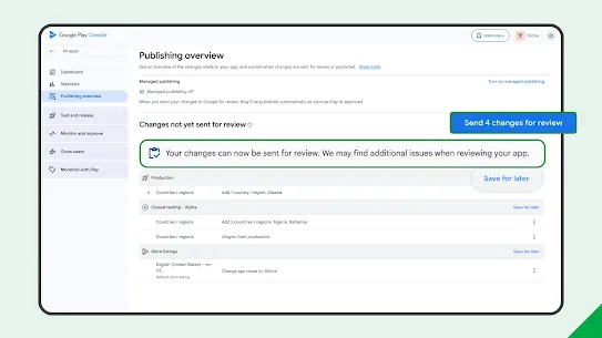 The Play Developer Console shows the "Publishing overview" tab, where developers can now control which changes are sent for review.
