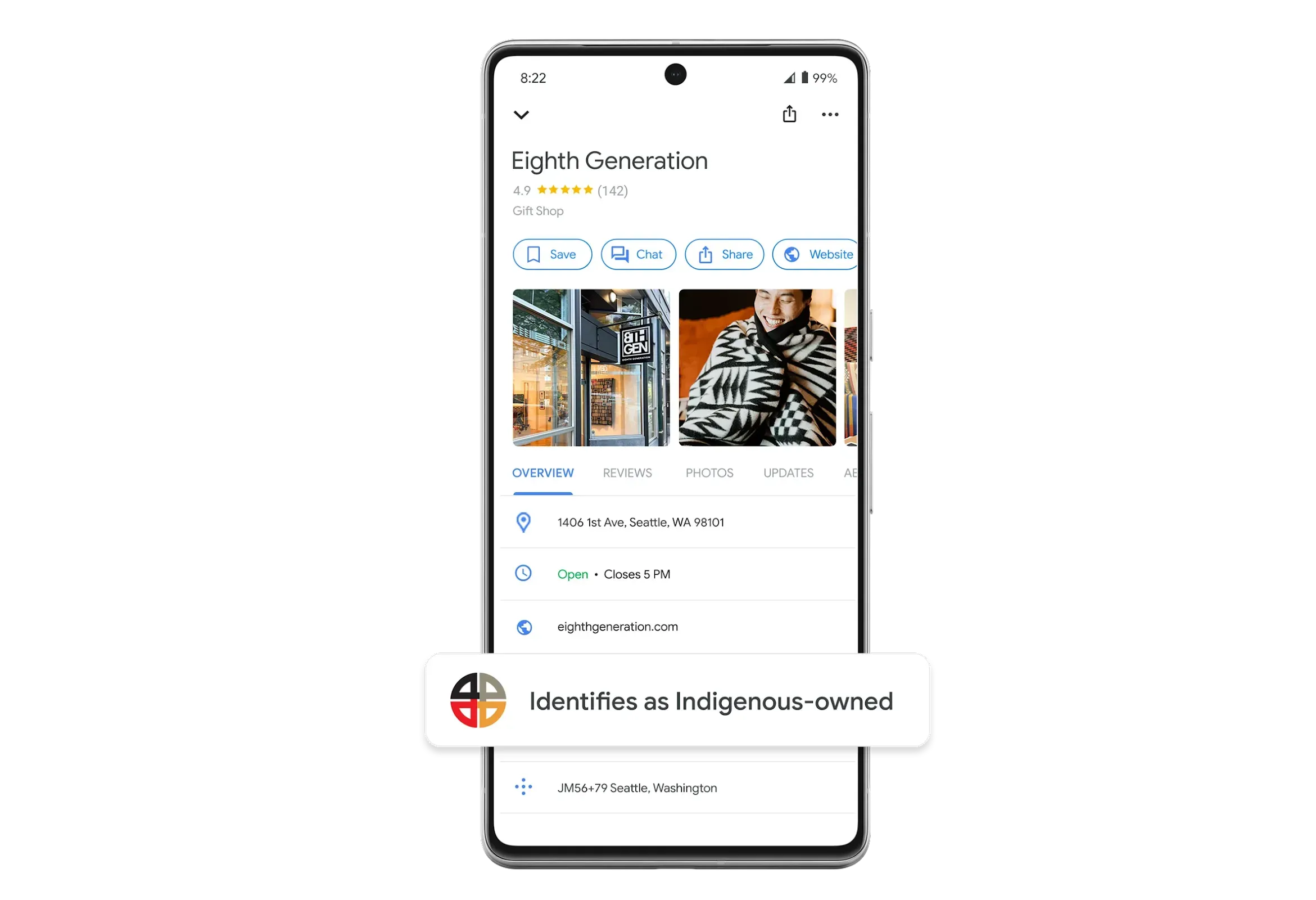 A smartphone displaying a Google Maps business profile for "Eighth Generation," a gift shop in Seattle. A prominent call-out badge at the bottom of the screen features a medicine wheel icon and the text "Identifies as Indigenous-owned."