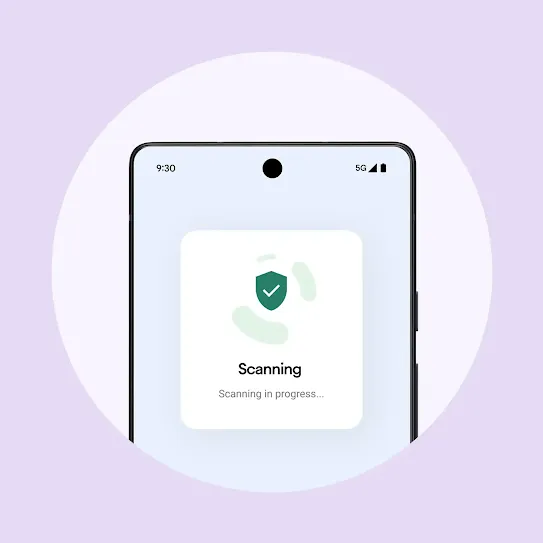 A closeup of the upper right corner of a phone is inside a circle frame. A transparent white box in the center has three icons at the top for Menu, Google Messages, and Phone. Beneath it is bolded, “No harmful behaviors found” and “Play Protect scanned moments ago.”