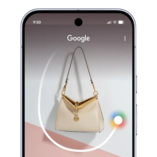 A luxury purse on an Android phone screen is being circled to show how the Circle to Search feature works. 
