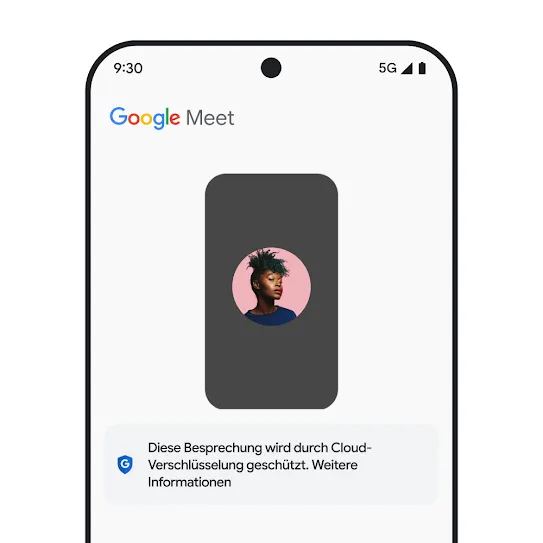 Bild eines Smartphone-Displays mit Google Meet – unter der Besprechung wird eine Nachricht mit Informationen zur Cloud-Verschlüsselung angezeigt