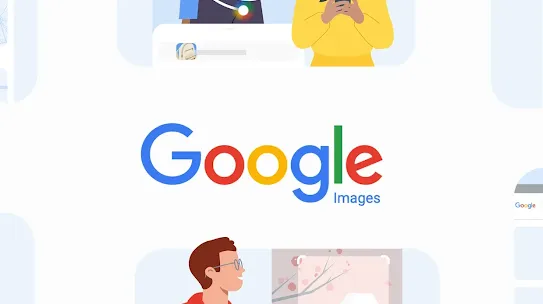 Google Images logo surrounded by illustrations of people searching for different images