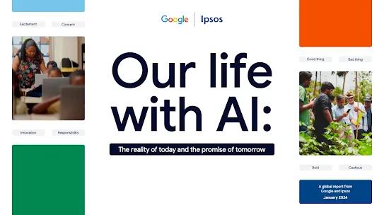 Graphic for a global report by Google and Ipsos titled "Our life with AI: The reality of today and the promise of tomorrow." The image features the Google and Ipsos logos, the date January 2024, and photos of people using technology in classrooms and agricultural fields, surrounded by labels like "Excitement," "Concern," "Innovation," and "Responsibility."