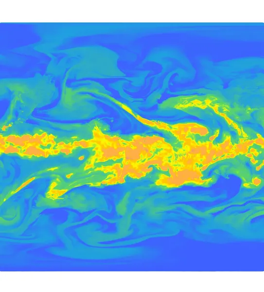 A global weather heat map in an oval projection showing atmospheric patterns with blue, green, and a central band of bright yellow and orange representing high-intensity data.