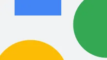 An abstract digital graphic featuring minimalist geometric shapes in Google's primary colors against an off-white background. A blue square is positioned in the top left, a green semi-circle on the right, and a yellow semi-circle at the bottom left. The clean, modern design uses rounded corners for the overall frame.