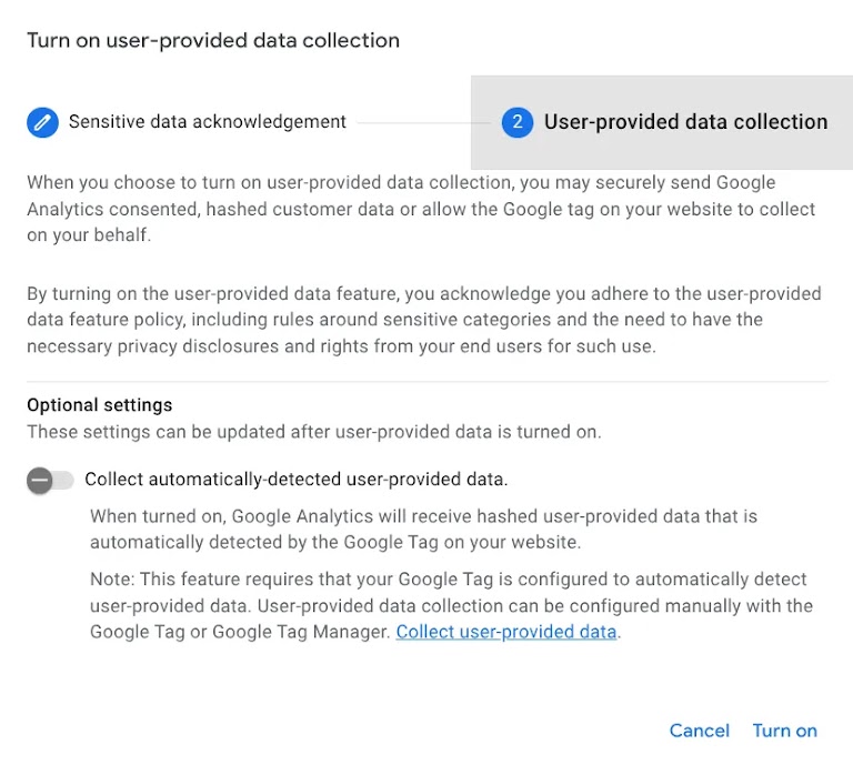 Turn on user-provided data collection