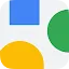 A minimalist composition of bold geometric shapes in primary colors: a blue square in the upper center, a large green semi-circle on the right, and a yellow organic rounded shape in the bottom left corner.