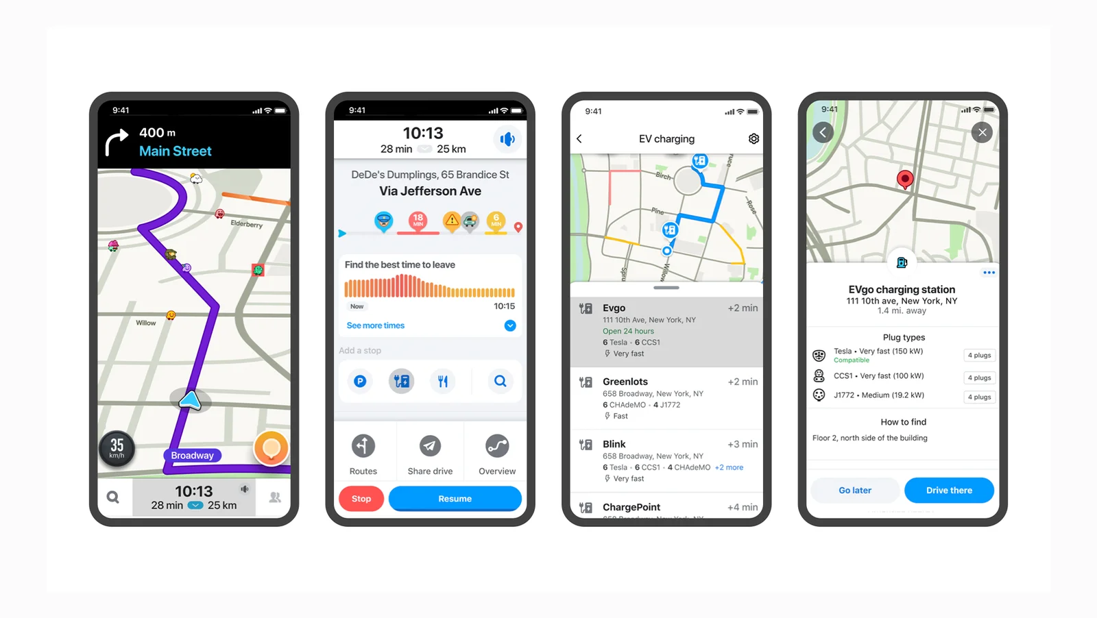 Illustration de bornes de recharge de véhicules électriques sur la carte Waze et de ce que voient les conducteurs dans l'application pendant la navigation.