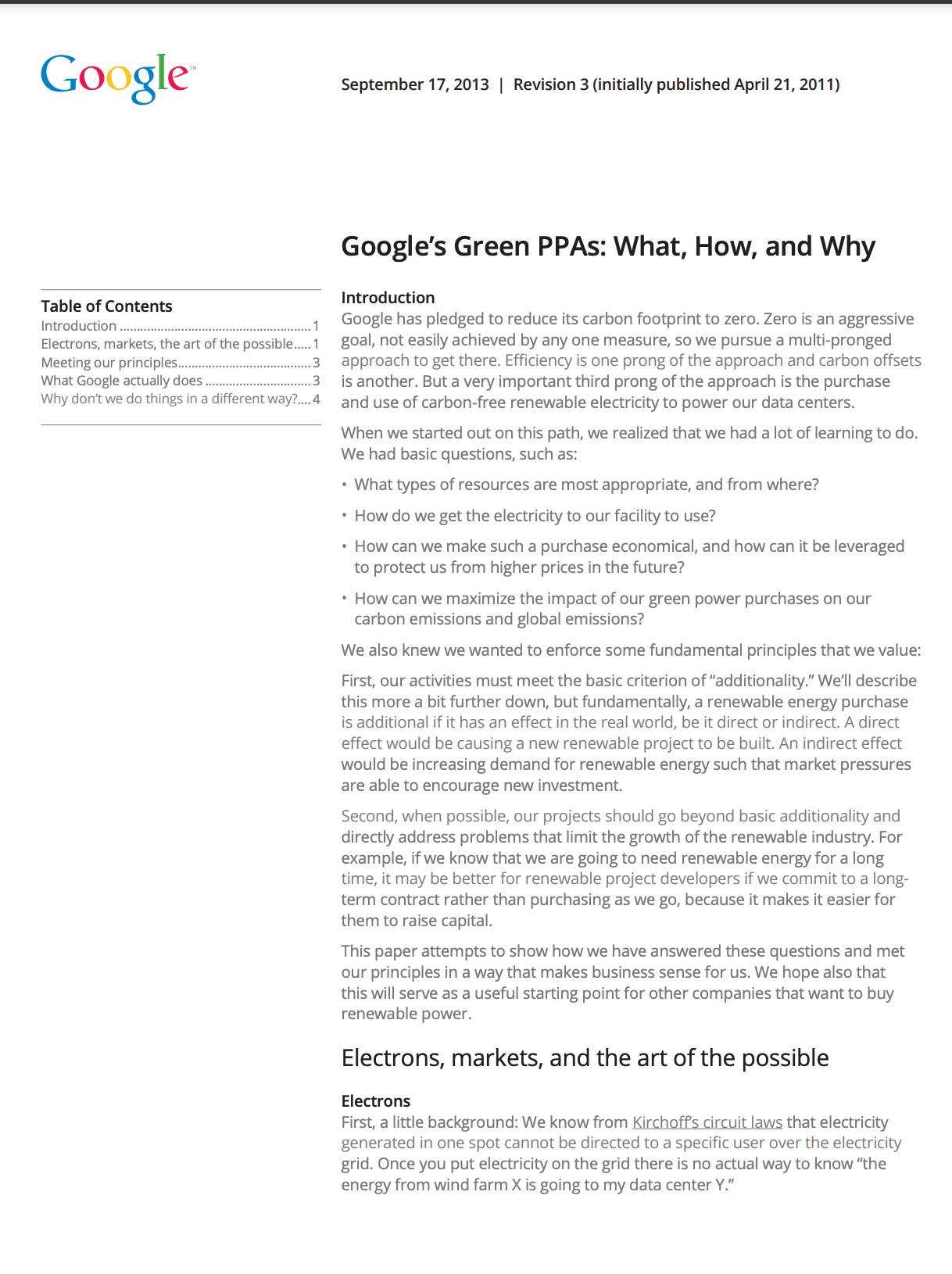 Cover image of a white paper titled: Google's Green PPAs: What, How, and Why