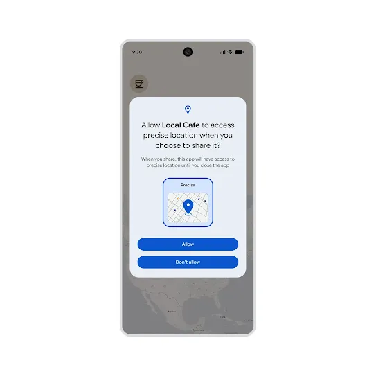 A local cafe app on Android asking the user if they want to share their precise location for a single session