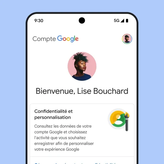 Image de l'IU de Mon compte Google, comprenant un message sur la confidentialité et la personnalisation, et un lien pour gérer vos données et votre confidentialité.