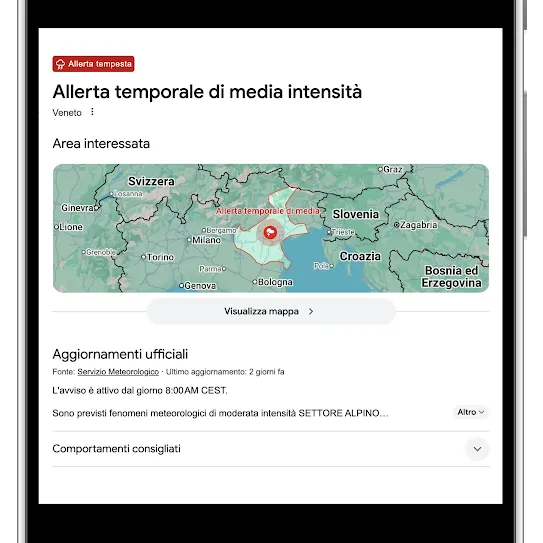 Lo schermo di uno smartphone che mostra un'allerta pubblica di Google per un allarme temporale violento in Florida. L'interfaccia include una mappa che evidenzia l'area interessata intorno a Panama City, un pulsante "Visualizza mappa" e un aggiornamento di testo ufficiale del National Weather Service che indica che l'allerta rimane in vigore fino alle 13:00 CDT.