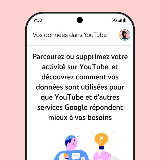 Image d'un écran de smartphone avec YouTube ouvert, affichant un message d'information sur "Vos données dans YouTube" incluant des détails sur la consultation et la suppression de l'historique d'activité.
