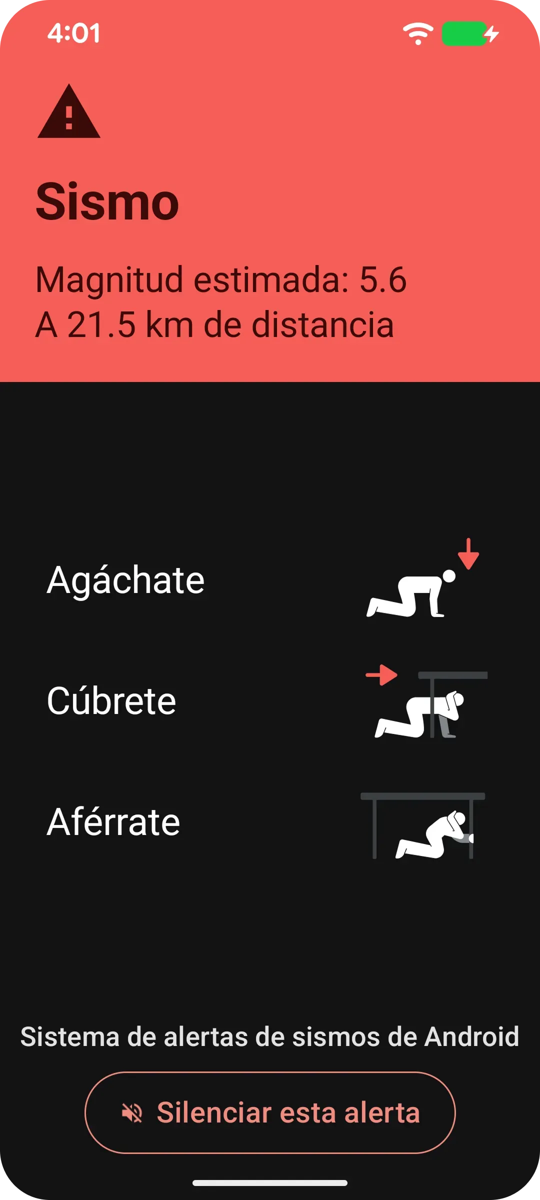 IU de un teléfono con pasos para protegerse en caso de terremoto, como cubrirse y sujetarse