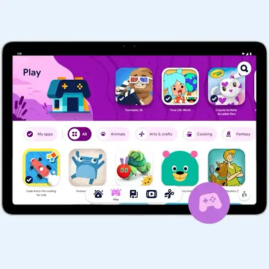 A tablet displaying Google TV homepage, Circle to Search, a boomerang of people jumping into a lake, and a YouTube Music song to which an old couple is dancing to.