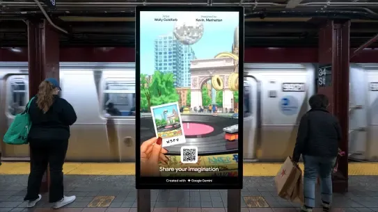 New York subway with sign featuring artwork