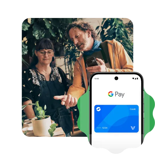 An image of two people in a plant shop looking at a plant together while one person holds a phone. A graphic overlay of an outline of an Android phone with an encrypted credit card inside it is placed on the image.