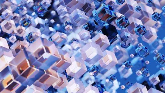 A 3D digital illustration featuring a dense cluster of translucent, crystalline cubes of varying sizes. The cubes have a prismatic effect, catching light in shades of blue, violet, and soft orange against a vibrant blue background. This abstract design represents the multifaceted and transparent nature of the 2026 Responsible AI Progress Report.