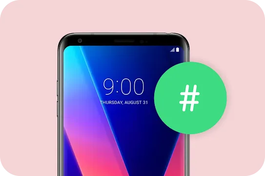 Close-up of a smartphone screen against a pink background showing the time 9:00 and a vibrant purple and blue wallpaper. A large green circular icon with a white hashtag symbol overlaps the right side of the device.
