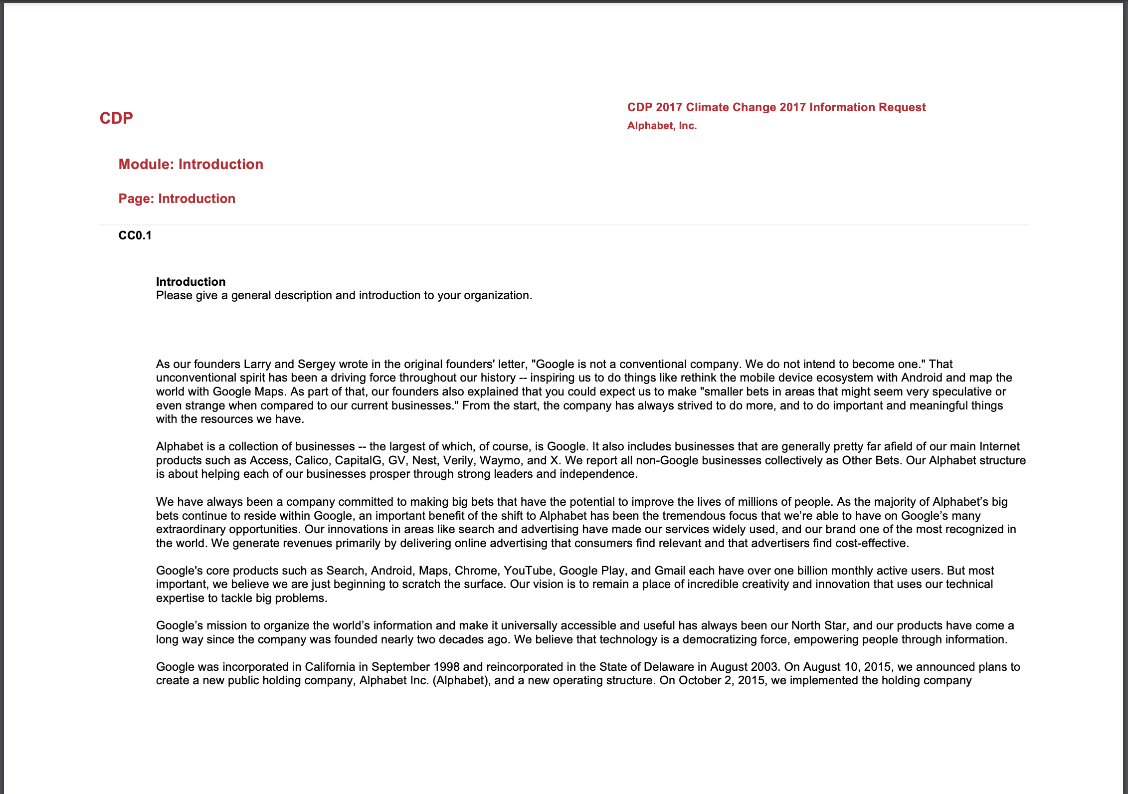 Cover image of Alphabet's 2017 CDP Climate Change Response