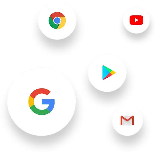 A grouping of different app icons in circles including Gmail, YouTube, Google Play Store and others.
